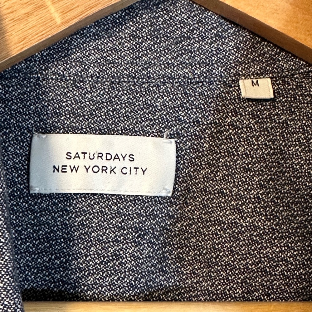 Saturdays NYC Button Down Shirt Men M Navy Blue Textured Long Sleeve Flap Pocket - Picture 7 of 8